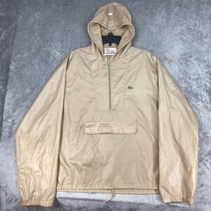 Vtg Izod Lacoste Jacket Mens L Tan 1/4 Zip Pullover Lightweight Windbreak Hooded